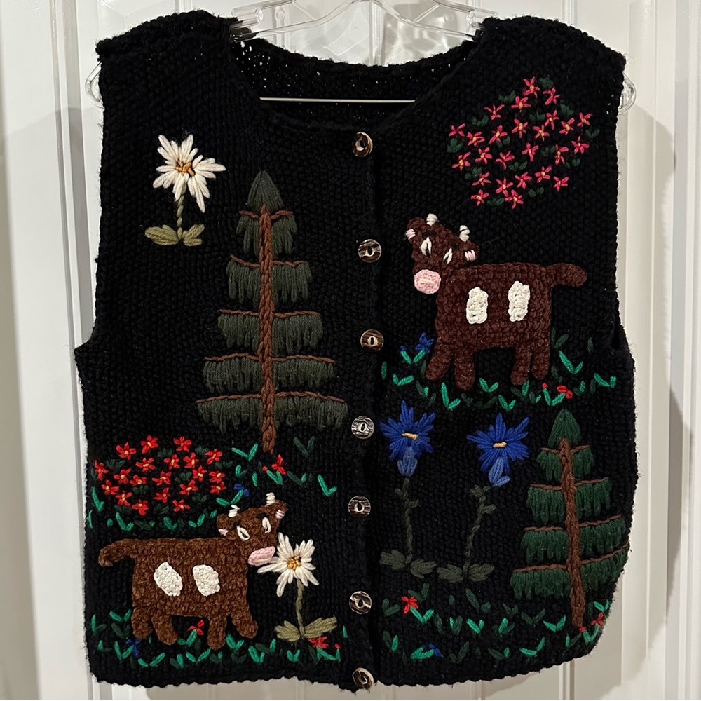 Black Knit Wool Vest with Cow and Floral Embroidery